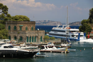 Village of  Ischia Porto with its typical Mediterranean houses. In the foreground the sea with some boats. - MyVideoimage.com