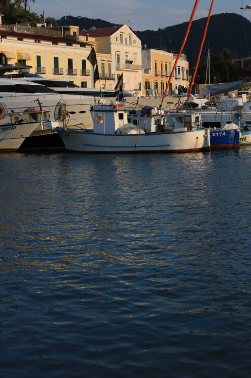 Village of  Ischia Porto with its typical Mediterranean houses. In the foreground the sea with some boats. - MyVideoimage.com