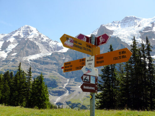 Wengen, Switzerland. 08/04/2009. Signposts indicating mountain trails. Foto Svizzera. Switzerland photo