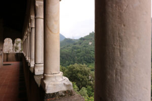 White marble walkway with columns in the Malaspina castle in Massa. - MyVideoimage.com