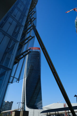 Zaha Hadid skyscraper, Milan. Assicurazioni Generali tower of Zaha Hadid, a complex of three towers. Milan. CityLife includes three skyscrapers and pedestrian areas with greenery. - MyVideoimage.com | Foto stock & Video footage